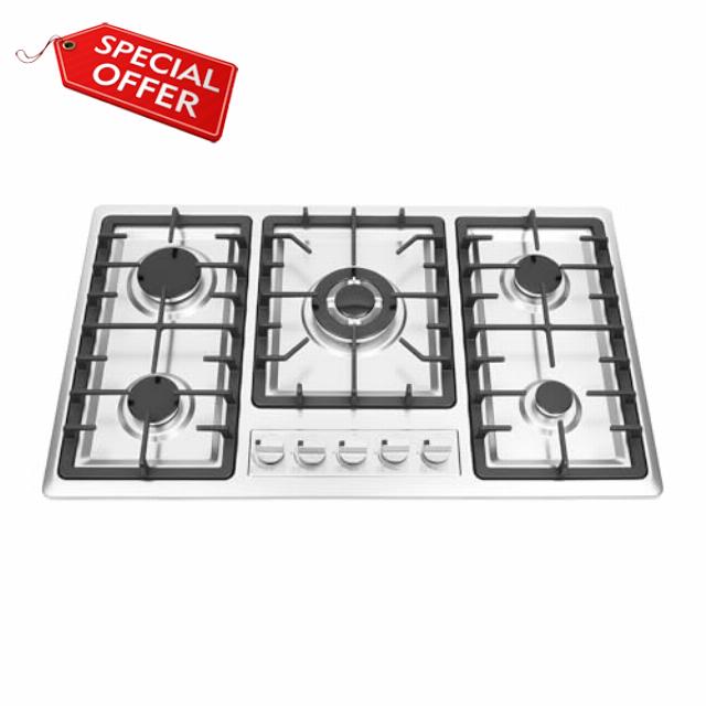 5 Burner Gas On stainless steel surface Hob with Cast Iron Pan Stands