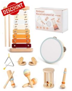 10 Pcs Kids Musical Instruments Wooden Percussion Toys with Tambourine