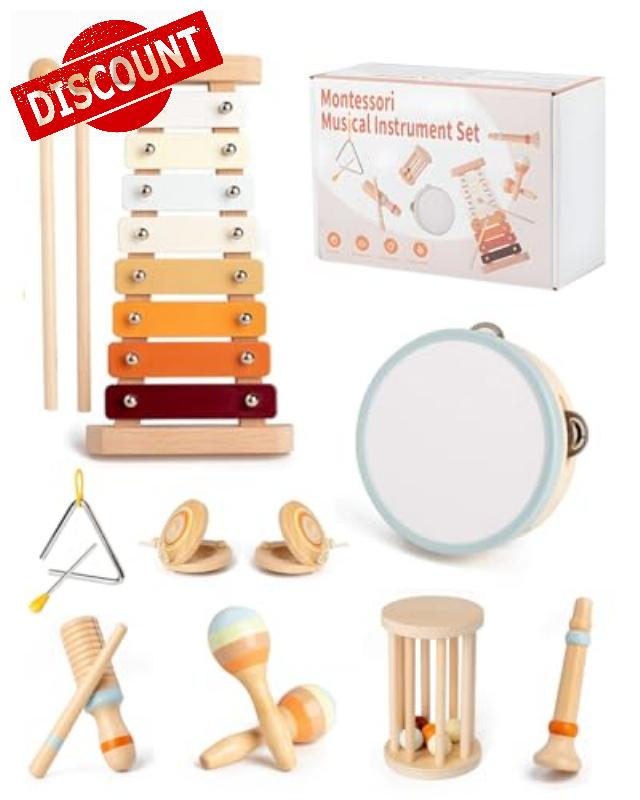 10 Pcs Kids Musical Instruments Wooden Percussion Toys with Tambourine