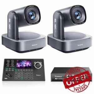 Tenveo 4K PTZ Camera and Controller Bundle - 20X AI Tracking HDMI/USB3.0/LAN(PoE) 4K NDI PTZ Camera(2PCS) and 5'' LCD Screen NDI Joystick Controller + PoE Switch for Church Events Live Streaming