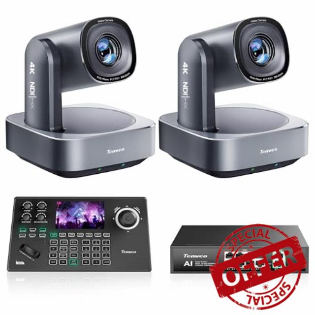 Tenveo 4K PTZ Camera and Controller Bundle - 20X AI Tracking HDMI/USB3.0/LAN(PoE) 4K NDI PTZ Camera(2PCS) and 5'' LCD Screen NDI Joystick Controller + PoE Switch for Church Events Live Streaming