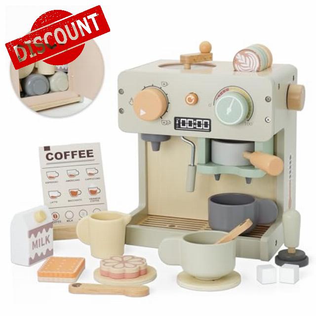 Wooden Coffee Machine Toy for Kids Pretend Play Food with Kitchen Accessories Barista Role Play Toys for 3-5 Year Old Girls Boys