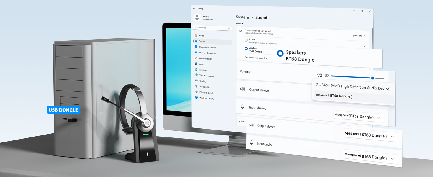 Office setup with desktop computer, monitor displaying software interface, and wireless headset. Includes digital documents and spreadsheets.