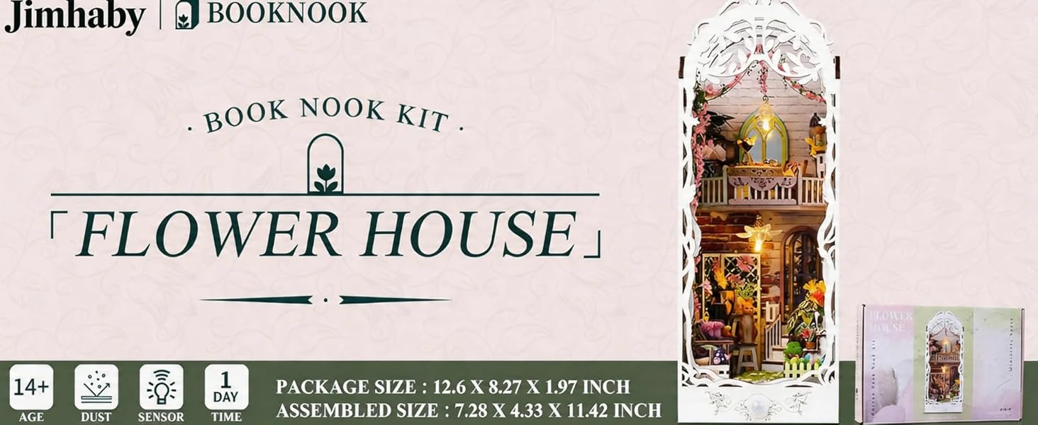 Text reads 'Jimhaby BOOKNOOK KIT FLOWER HOUSE.' DIY book nook diorama kit with miniature house structure and decorative elements, packaged display shown.