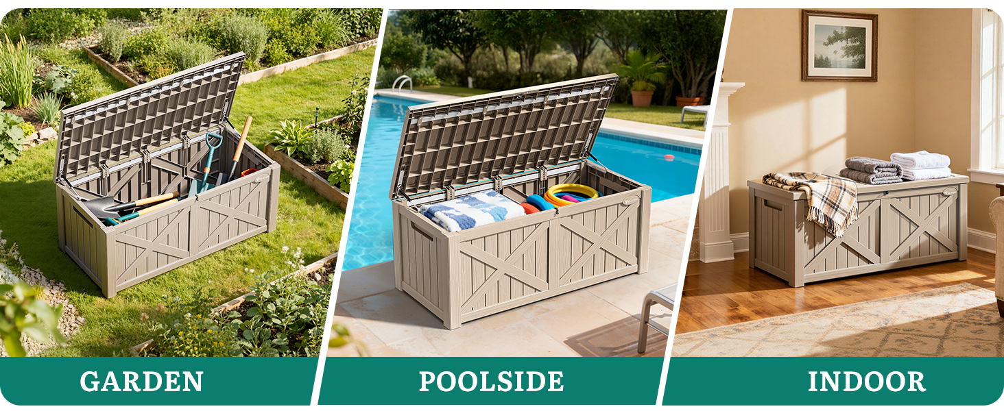 Text reads 'GARDEN', 'POOLSIDE', 'INDOOR'. Composite showing cream-colored woven storage basket in three outdoor and indoor settings.