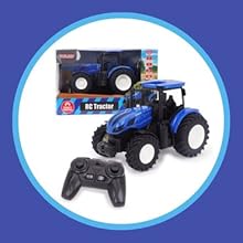 Text reads 'Blue RC Remote Control Tractor', 'Controllable Farm Toy with Lights', '1:24 SCALE', 'Indoor and Outdoor Play'. Image shows blue remote-controlled tractor toy with controller and product packaging against white background.