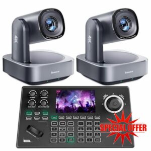 Tenveo 4K PTZ Camera and Controller Bundle/Kits - 20X AI Tracking HDMI/USB3.0/LAN(PoE) 4K PTZ Camera(2PCS) and 5'' LCD Screen NDI Joystick Controller for Church Service Events Live Streaming