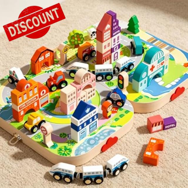 Wooden Building Blocks Set – City & Train Architecture Kit with Magnetic Storage Box
