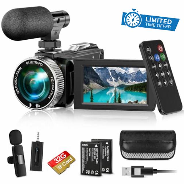 4K Video Camera Camcorder Mini Mic 48MP 60FPS UHD Vlogging Cameras for YouTube 18X Digital Zoom 3.0''IPS Screen Camera with 32GB Card