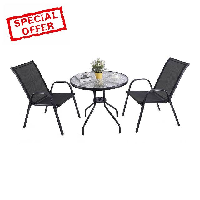 URBNLIVING 3 Piece Garden Bistro Set Round Glass Top Table & 2 Textilene Chairs Outdoor Patio Balcony Furniture Weather Resistant Metal Seating - Black