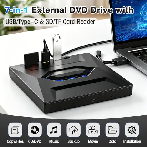 External DVD CD Burner Portable Optical Drive Hub for Laptop Desktop PC Windows 7/8/10/XP Mac Linux