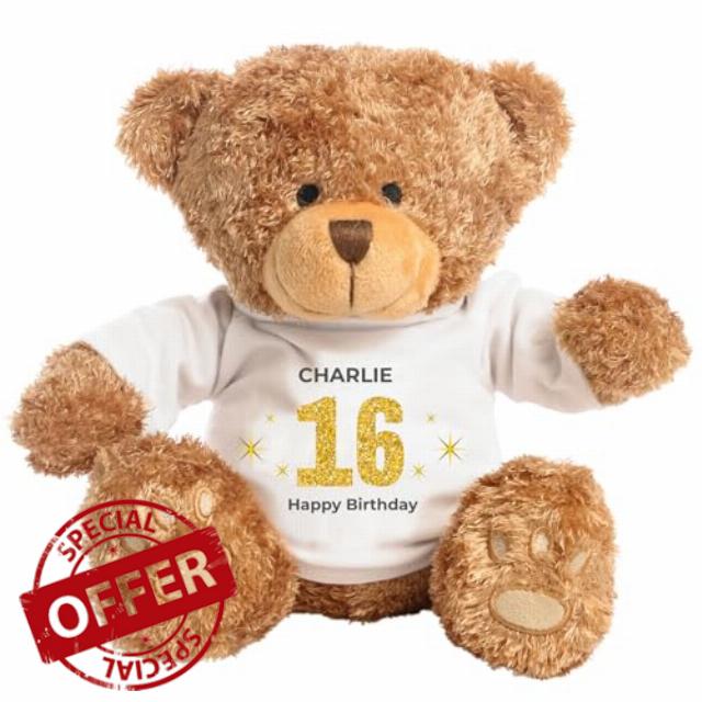 Personalised 16th Birthday Classic Teddy Bear Gift for Her Him | Custom Name Keepsake Plush Bear | 16th Birthday Present (Gold)