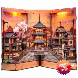 Cutefun Japanese Book Nook - Japan DIY Miniature Kit 3D Wooden Puzzles for Adults Bookshelf Diorama - Craft Gift for Women Puzzle Lovers (Twilight Sakura Path)