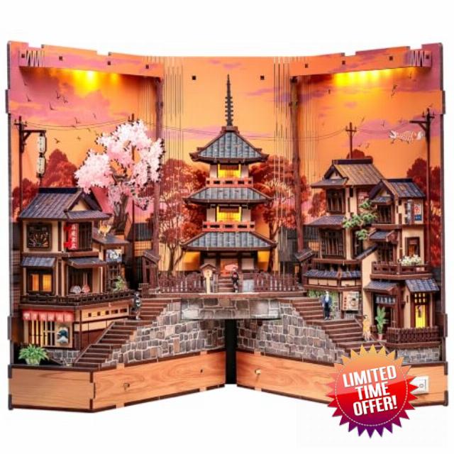 Cutefun Japanese Book Nook - Japan DIY Miniature Kit 3D Wooden Puzzles for Adults Bookshelf Diorama - Craft Gift for Women Puzzle Lovers (Twilight Sakura Path)