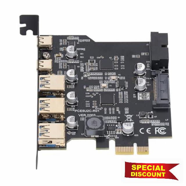 PCIe USB 3.2 Gen 1 Card High-Speed USB Expansion Card for 11 Desktops 5 Port PCIe Black