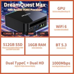 up to 4.3 GHz) 16GB DDR4 512GB SSD Micro Desktop Computer with 2xType C HDMI 2.1 /LAN/BT 5.3 / WiFi 6/4xUSB 3.2 Compact PC for Office Use