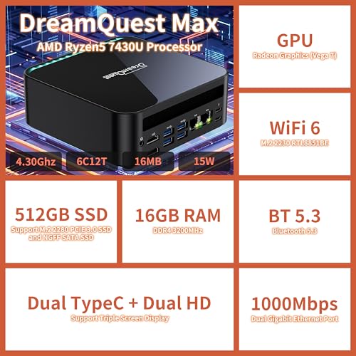 up to 4.3 GHz) 16GB DDR4 512GB SSD Micro Desktop Computer with 2xType C HDMI 2.1 /LAN/BT 5.3 / WiFi 6/4xUSB 3.2 Compact PC for Office Use