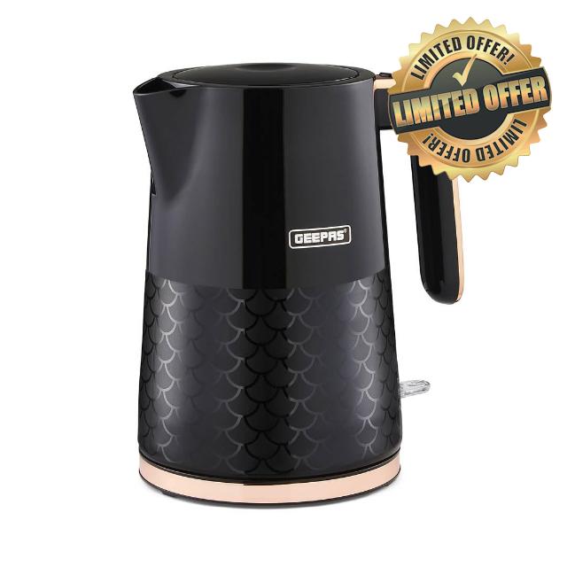 GEEPAS 1.7L Cordless Electric Kettle | Textured Kettle with 360° Rotational Base & Otter Control | Auto Shut Off LED Lighting Space Saving Cord Storage Chrome Handle | 3000W Aurora (Renewed)