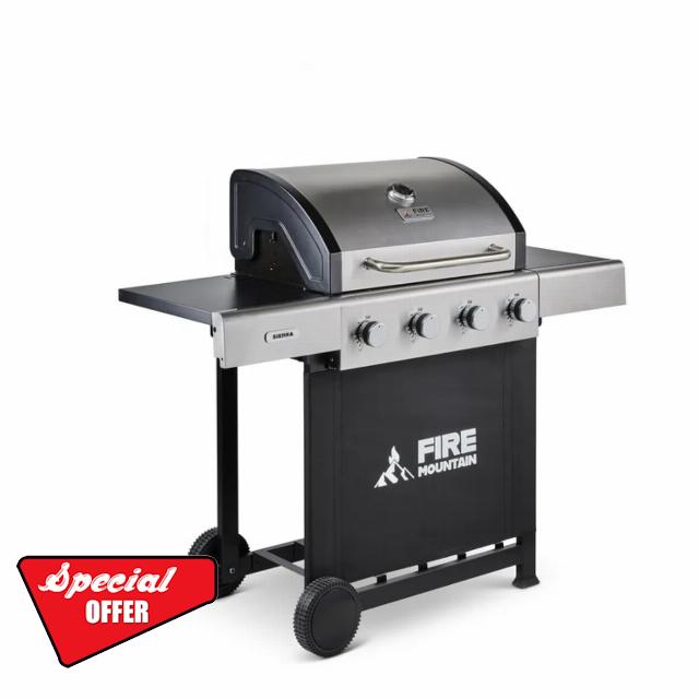 Fire Mountain Sierra 4 Burner Gas BBQ Stainless Steel with Cast Iron Grill and Side Shelves Large Outdoor Barbecue for Garden Family Sized 60 x 42cm Cooking Area