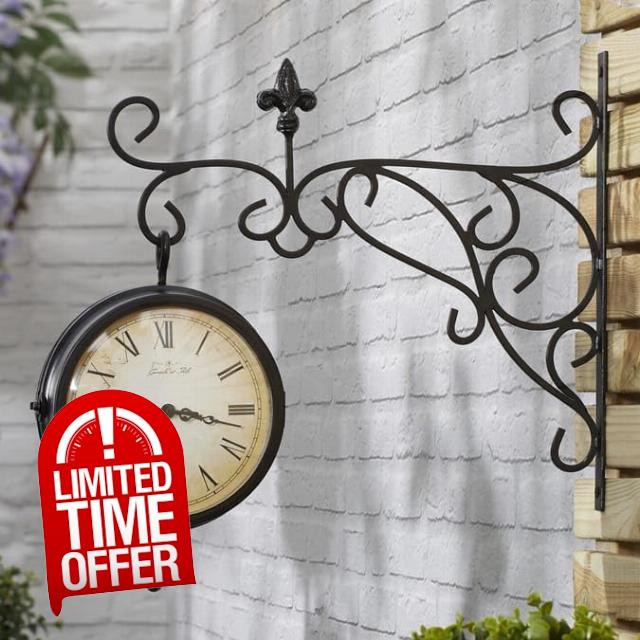 ightclick Black Round Outdoor Clock & Thermometer | Double Sided Outdoor Station Wall Clock and Thermometer Garden Wall Ornaments | Garden Clock Vintage Wall Station with Bracket for Home.