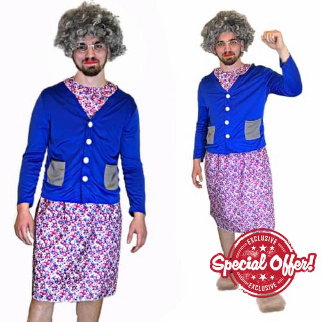 Naughty Grandma Fancy Dress Costume for Adults – Full Set with Pink Floral Dress