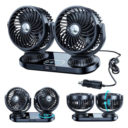 Auto Oscillating 360° Rotatable Vehicle Fan with Cigarette Lighter Plug & 2 USB Ports
