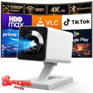 Mini Projector for Bedroom Portable with WiFi 6 and Bluetooth 5.4 Built-in Apps 1080P 4K Support Movie Auto Keystone Ceiling Projecto