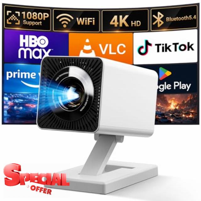 Mini Projector for Bedroom Portable with WiFi 6 and Bluetooth 5.4 Built-in Apps 1080P 4K Support Movie Auto Keystone Ceiling Projecto