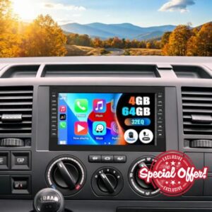 CAMECHO 4G+64G Android Car Stereo for Volkswagen VW Transporter T4 T5 1998-2009 with Wireless CarPlay Android Auto 7 Inch Touchscereen Car Radio with GPS 32EQ Bluetooth 5.0 FM Backup Camera