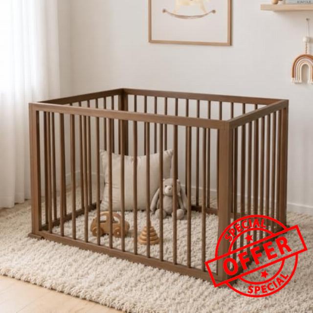 Mokee Foldaway Playpen - Foldable Wooden Play Pen for 0-24 Months - Solid Natural Beechwood with Corner Locks 100 x 70cm (Walnut)