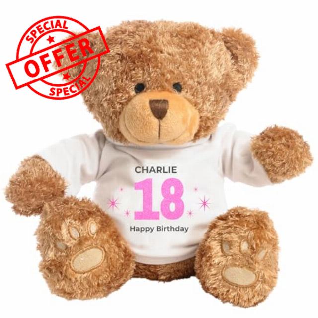 Personalised 18th Birthday Classic Teddy Bear Gift for Her Him | Custom Name Keepsake Plush Bear | 18th Birthday Present (Pink)