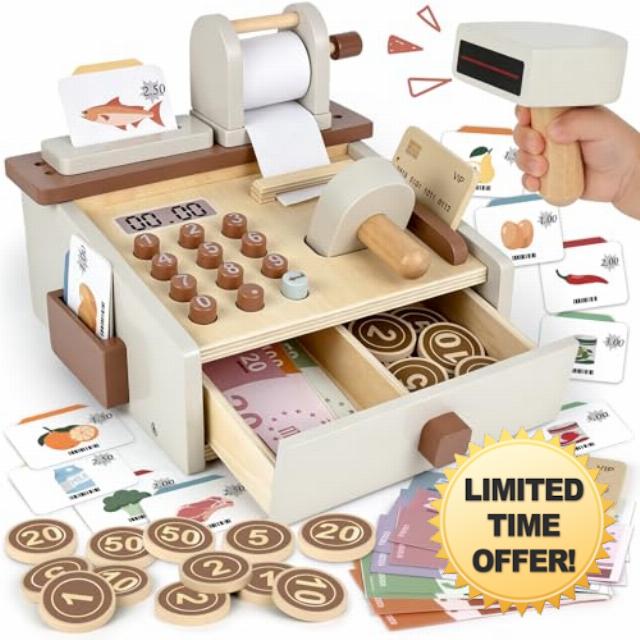 Airlab Wooden Cash Register Pretend Play Toy Till with Scanner for Kids