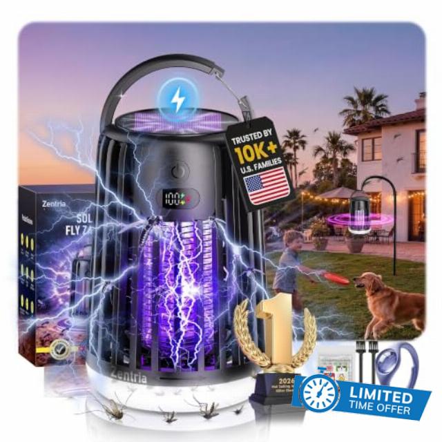 6-IN-1 New Upgrade Solar Electric Fly Zapper【99.99% Attraction:German Lab-Certified Dual-Wave】Bug Zapper【Germany's Latest NL Tech-100% Silent Operation】Fly Killer for Home