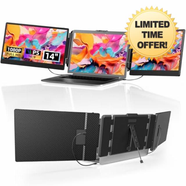 Laptop Screen Extender Monitor 14" FHD 1080P IPS Portable Triple Screen Clip on Laptop Monitor Extender Multi Screen Extra Display for 13.3-17" Laptops Compatible with Windows Chrome