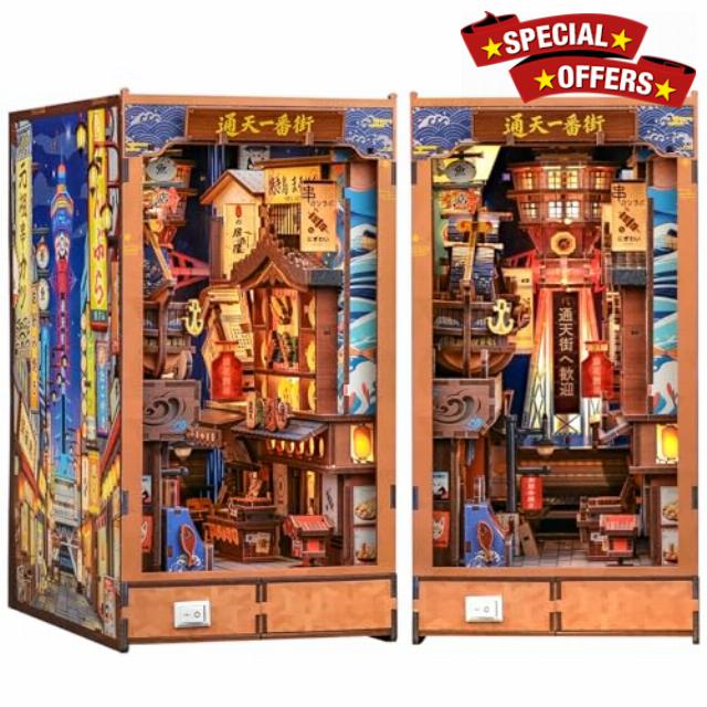 Cutefun Book Nook Japan - 3D Wooden Puzzle Bookshelf Diorama Model for Adults - Japanese DIY Miniature Kit with LED Lights Craft Gift for Women Puzzle Lovers (Tsutenkaku Ichiban Street)