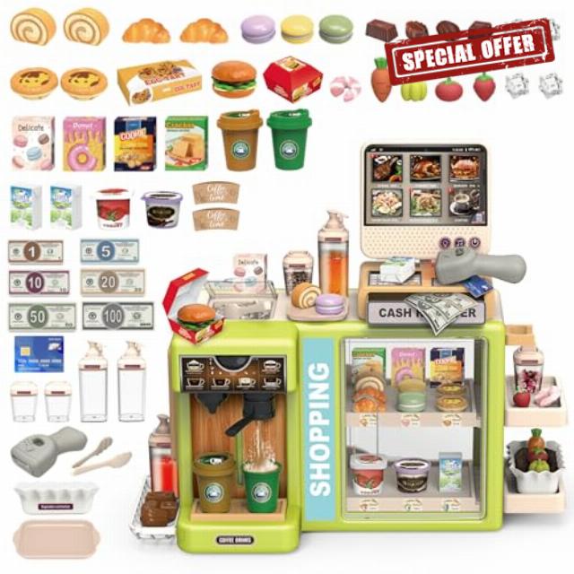 deAO 2-in-1 Pretend Play Coffee Shop & Supermarket Toy