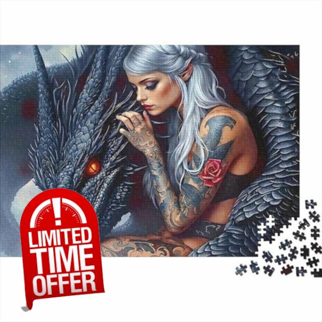 Mystical Silver Haired Woman with Black Dragon 1000 Piece Jigsaw Puzzle Paper for Adults Fantasy Art Relaxing Gift Home Decor 70x50cm/1000pcs