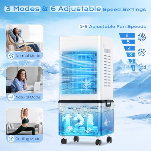 3-side Air Intake 6 Mode Mobile Air Conditioner 12L Water Tank 24H Timer 60°/120° Oscillation Bladeless Remote Control Remote Control 4 Ice Box for Home