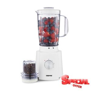 GEEPAS 2-in-1 Food Jug Blender | 1.6L Juice Jar & 100G Mini Coffee Spice Grinder 4-Leaf Stainless-Steel Blades 3 Speed & Pulse Safety Lock | Smoothie Maker for Ice Crushing 650W White (Renewed)