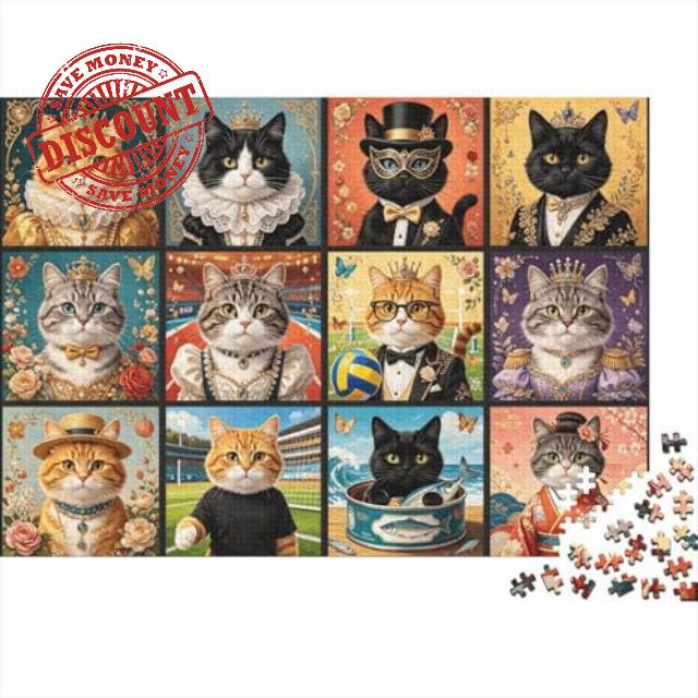 Vintage Cat Jigsaw Puzzle 1000 Piece Recyclable Material Patchwork Art Print Adult Jigsaws Family Gaming Time Props Interesting Family Game for Women 70x50cm/1000pcs