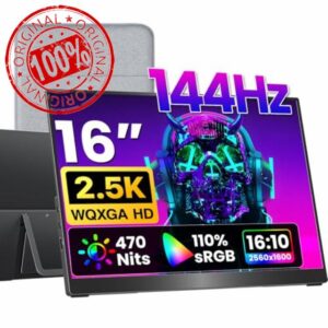 VisionOwl Portable Monitor 16 Inch 2.5K QHD 144Hz 16:10 Portable Screen HDMI USB-C Monitor for Laptop Mac Surface PC PS5 Xbox