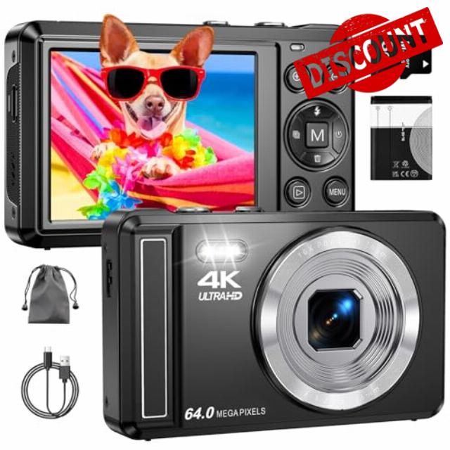 Digital Camera 4K 64MP Autofocus with Micro SD Card