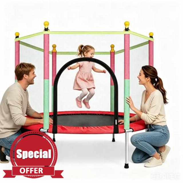 Toddler Trampoline 140cm 4.6FT Indoor/Outdoor Mini Kids Trampoline with Safety Enclosure Net for Backyard Garden Fun for 3-8 Years Old Boys & Girls