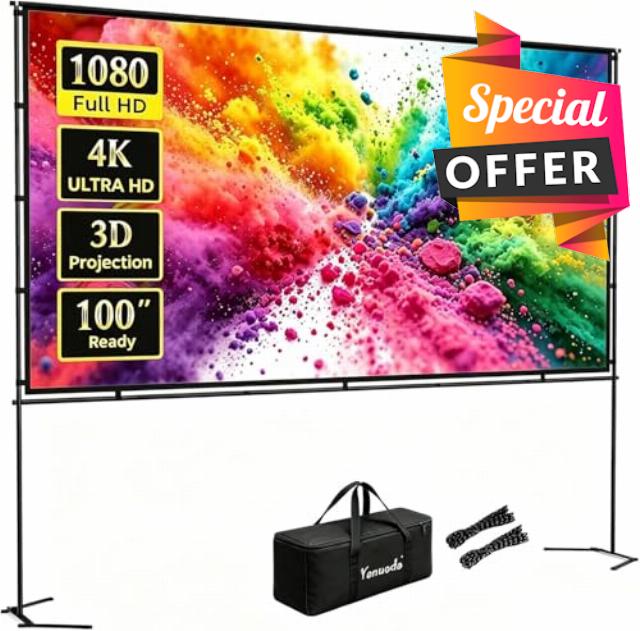 100-inch Portable Projector Screen with Stand | 16:9 HD 4K Wrinkle-Free Indoor/Outdoor Screen for Home Cinema