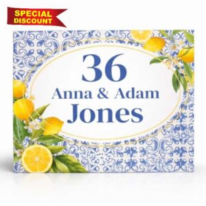 Custom Ceramic Name Plate | Personalized Family Name & House Number Sign | Blue White Mediterranean Tile with Lemon | Italian Couple Home Decor | Welcome Sign Kitchen