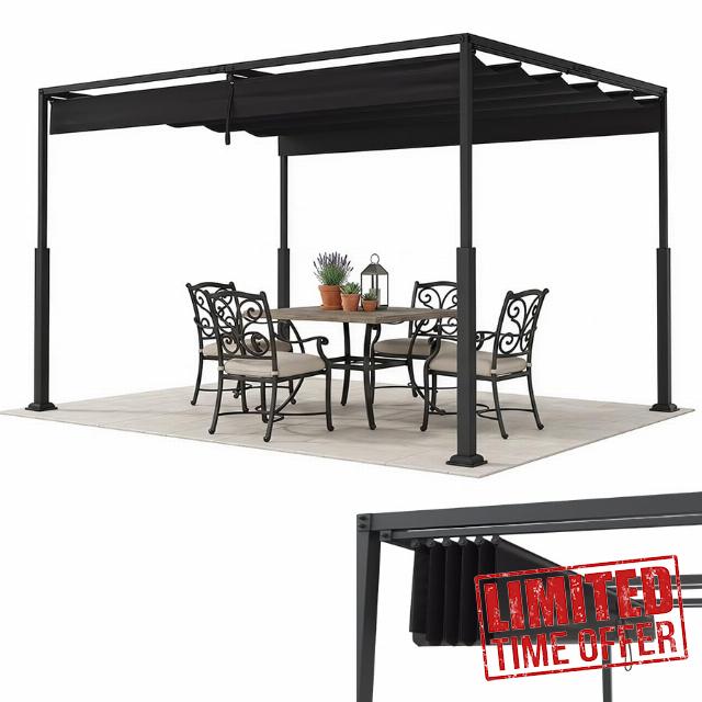 LARS360 3x4m Metal Pergola Retractable Canopy Gazebo with Slat Roof