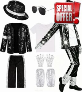7PCS Pop Star Halloween Costume Set - Black Sequin Jacket