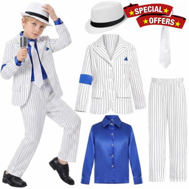 Child King of Pop Musician Costume 5-Piece Suit Set Sequin Jacket Pants with Hat Sunglasses Gloves T-Shirt 80s 90s Kids Blazer & Trousers for Halloween Party Stage Performance Fancy Outfits for Boys