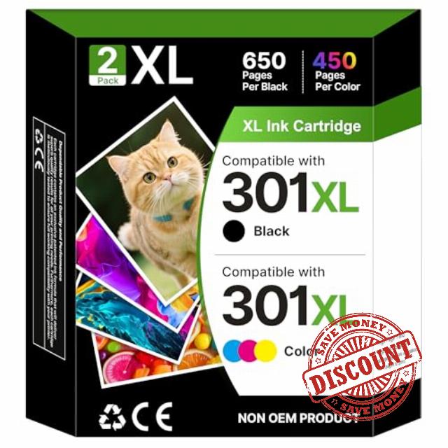 301 Ink Cartridges XL Combo Pack Remanufactured for HP 301XL Ink Cartridges Black and Colour HP 301 XL for Envy 4500 5530 5532 4507 4502 DeskJet 2540 2544 OfficeJet 4630 Printer Ink（2-Pack）