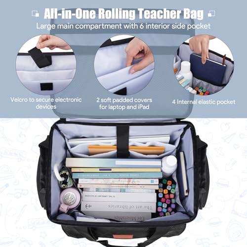 Rolling Teachers Tote Bags with Wheels for Crafting with Extra Lunch Bag